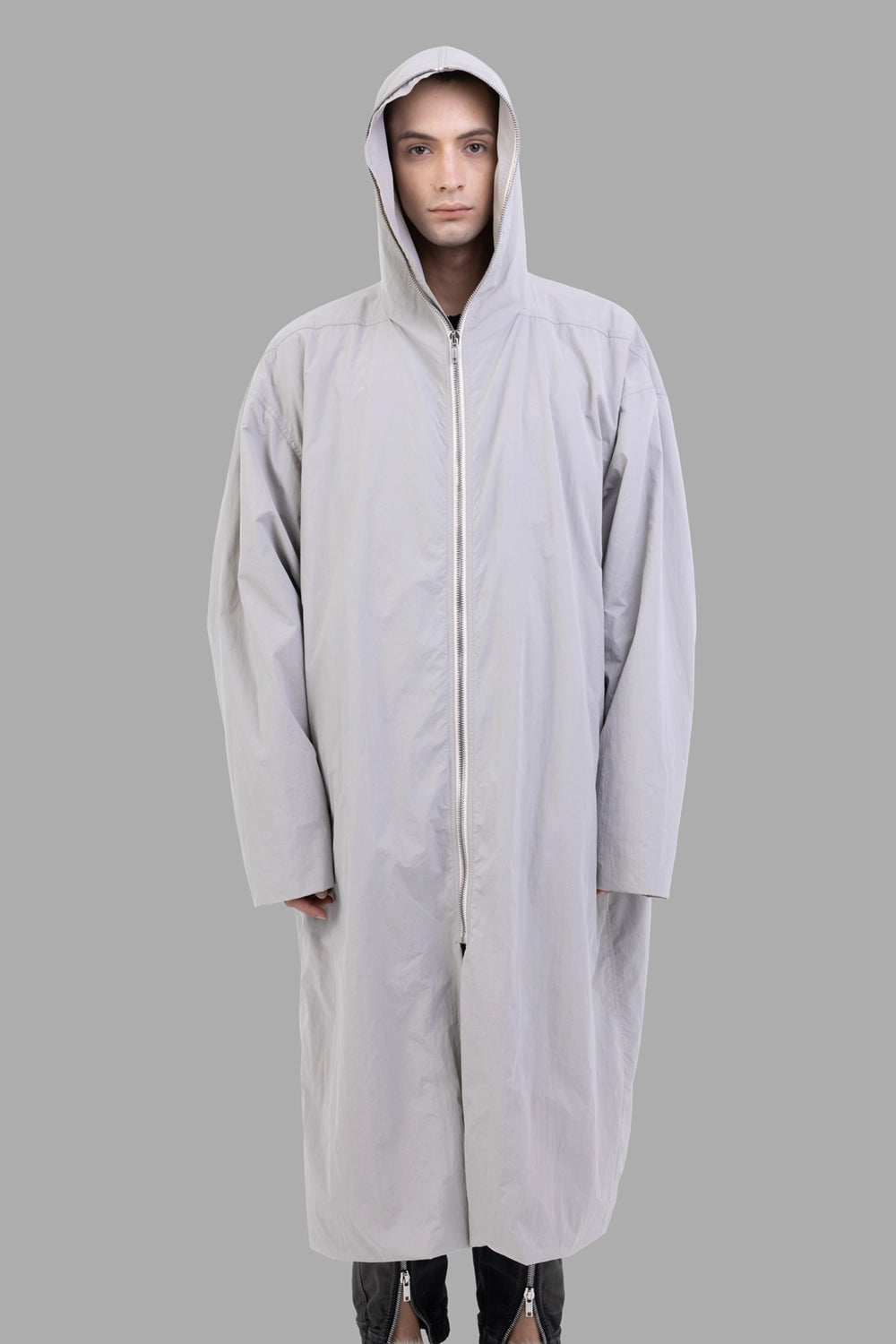 Rick Owens coat in Pearl, front view, oversized hood and full-length zip