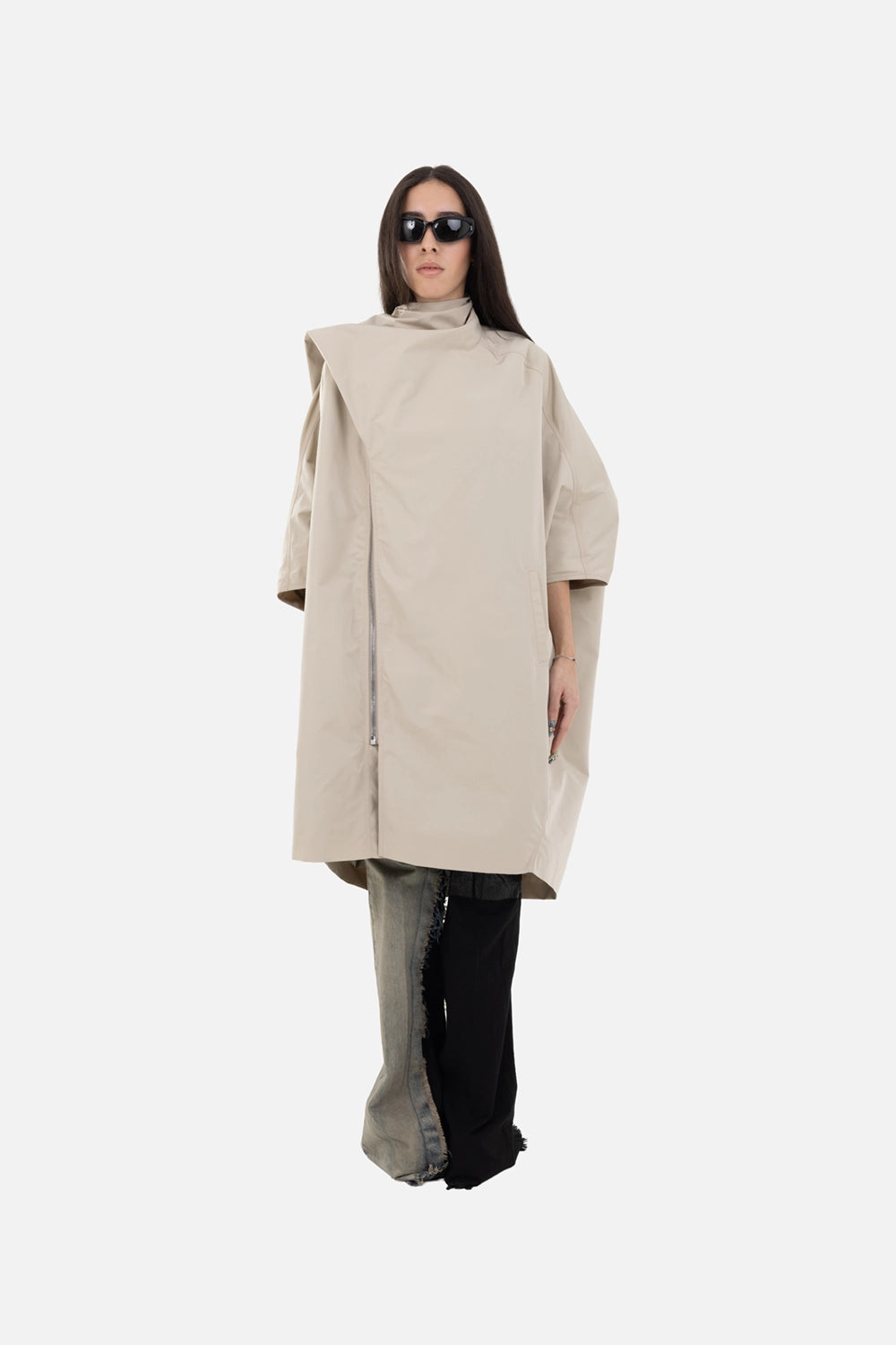 Rick Owens women's sail biker coat in sand, on-model full-length, asymmetric silver zip and wide three-quarter sleeves