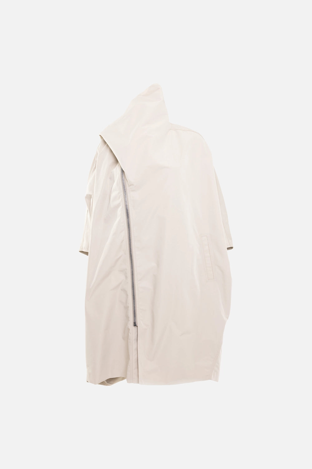 Rick Owens women's sail biker coat in sand, side view, off-centre zip closure and cocooned rounded hem