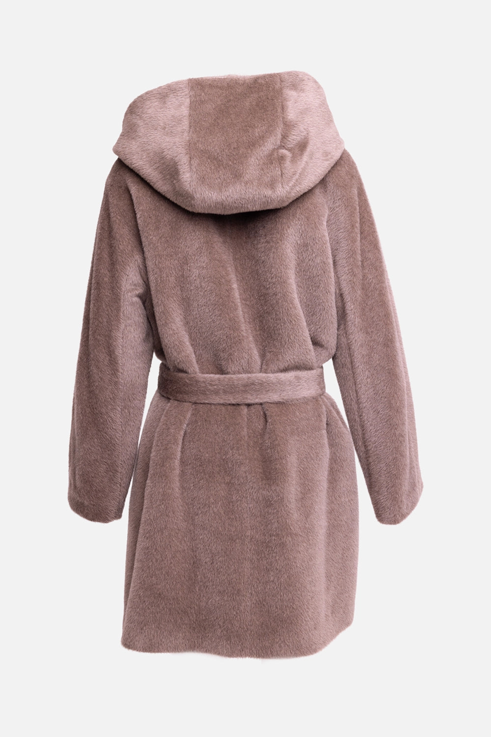 Pre-owned Agnona women's coat in taupe, back view, mid-length silhouette with hood