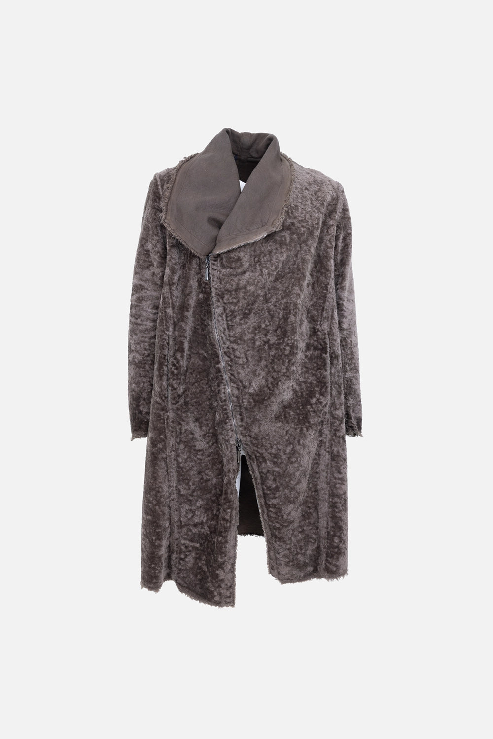 Pre-owned Masnada men's coat in taupe, front view, draped funnel collar and asymmetric zip