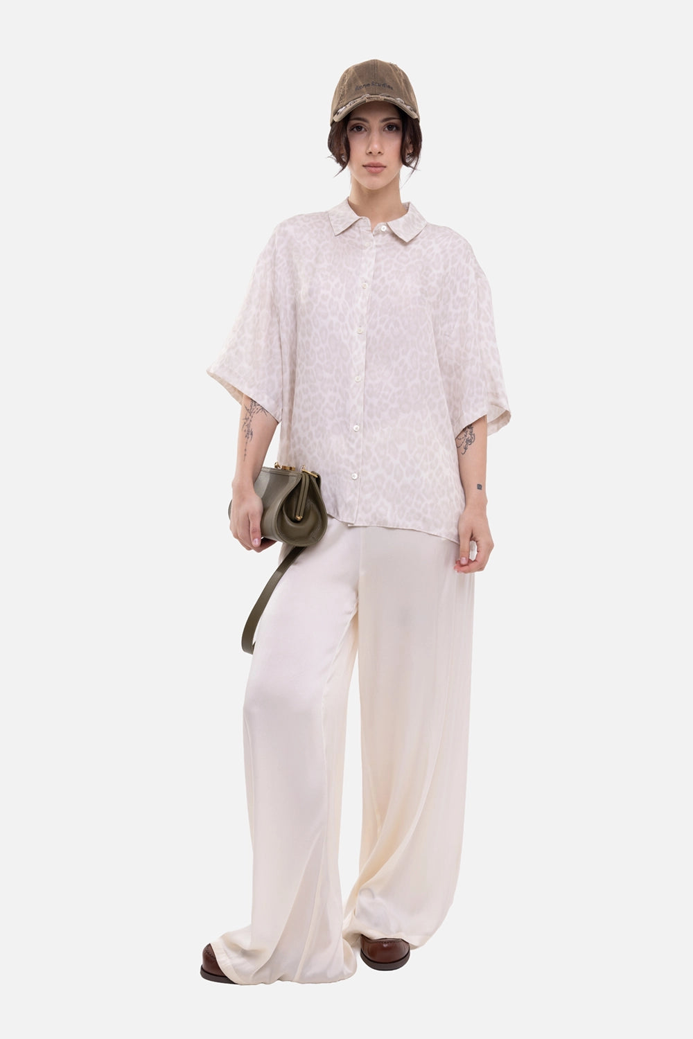 ANINE BING women's Coco shirt in washed white leopard, on-model full-length, pale tonal print and wide sleeves