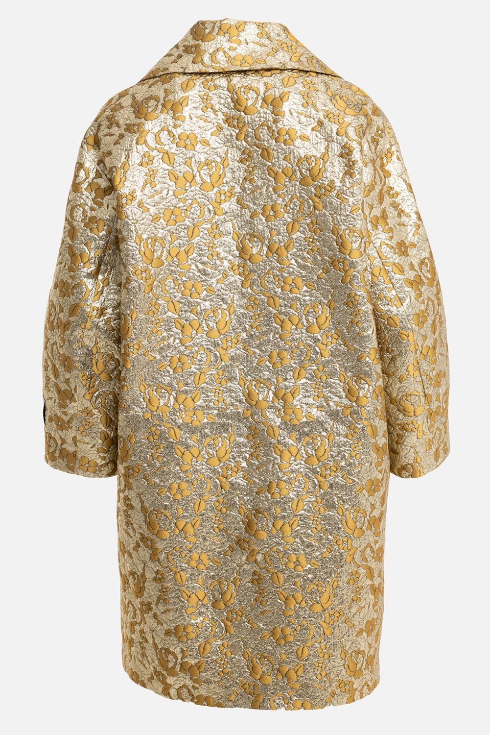 Des Phemmes women's cocoon coat in gold/olive, back view, metallic floral jacquard and broad collar

