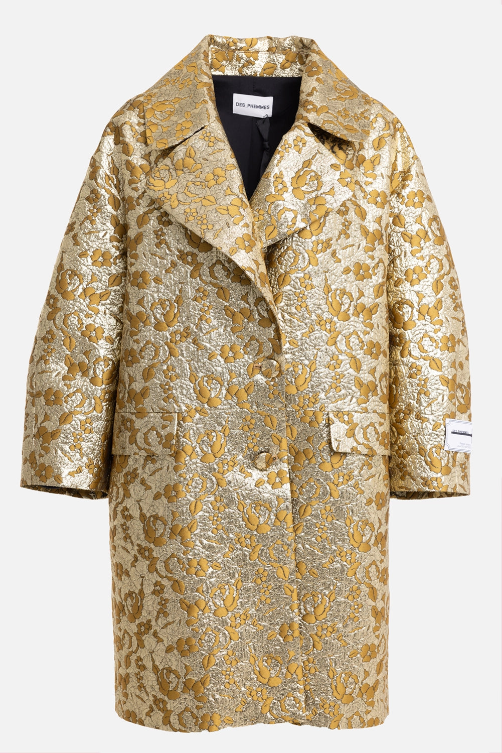 Des Phemmes women's cocoon coat in gold/olive, front view, oversized lapels and flap pockets
