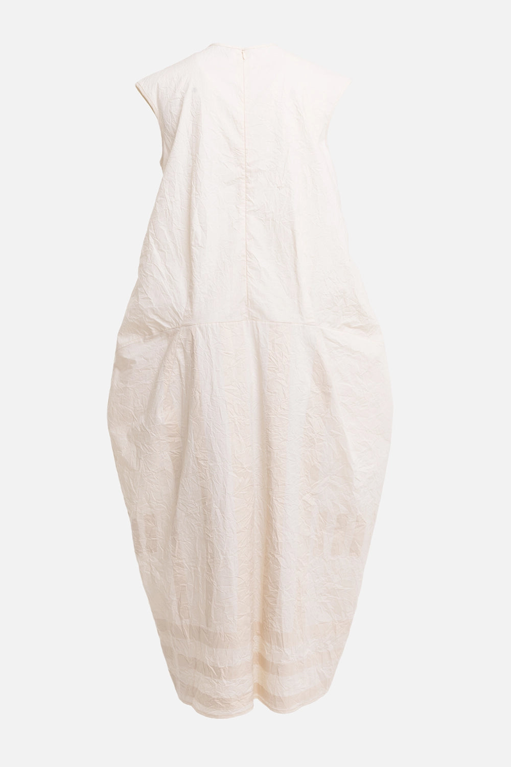 Gentry Portofino women's cocoon midi dress in ecru, back view, center seam and curved silhouette