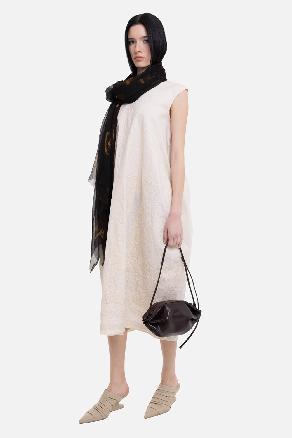 Gentry Portofino women's cocoon midi dress in ecru, on-model full-length view, relaxed drape and cocoon hem