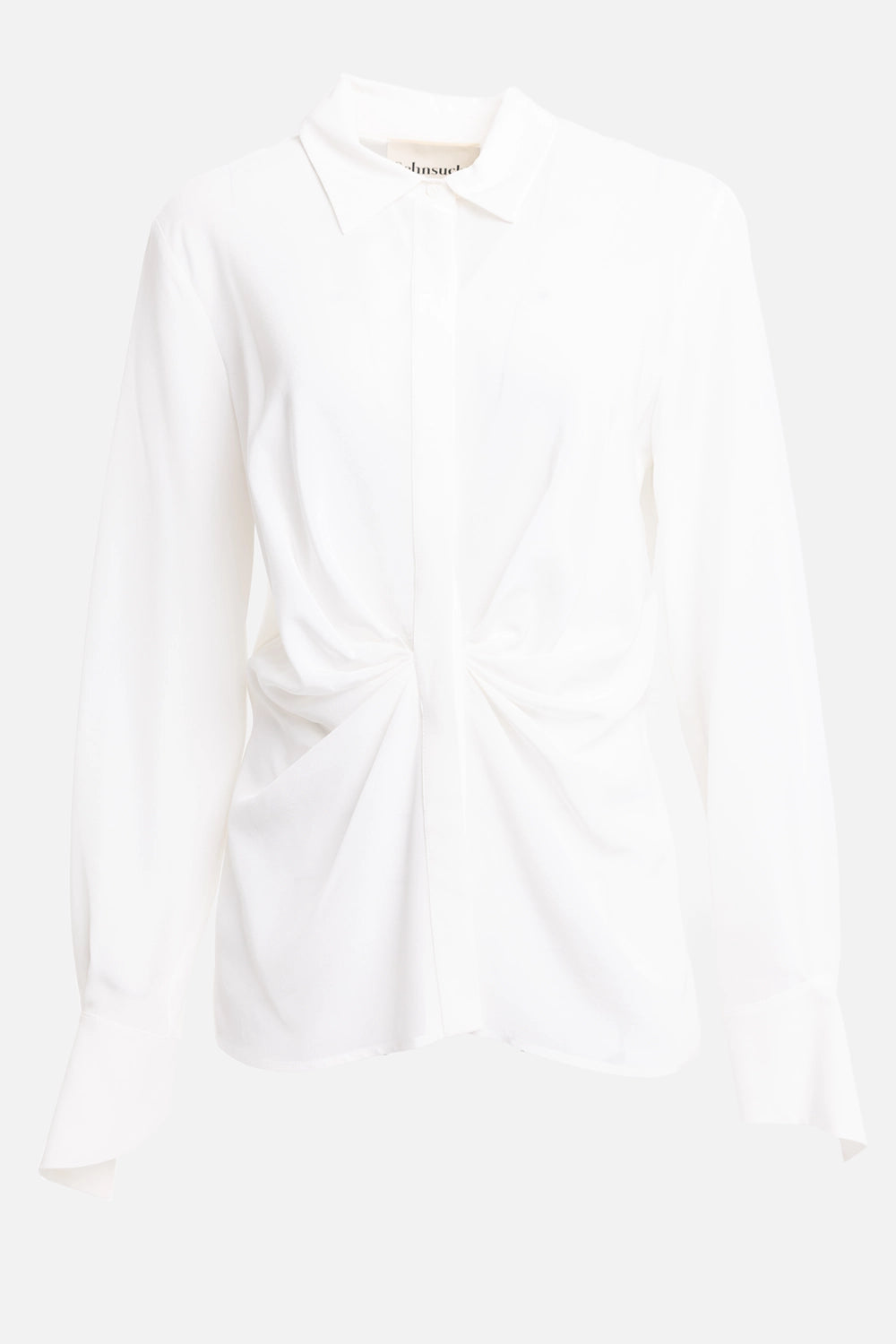 Sehnsucht women's collared shirt in white, front view, twist-front gathering and covered placket
