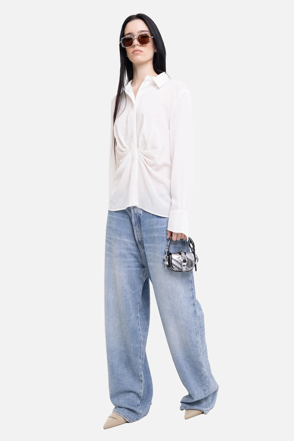 Sehnsucht women's collared shirt in white, on-model full-length view, twist-front drape and pointed cuffs
