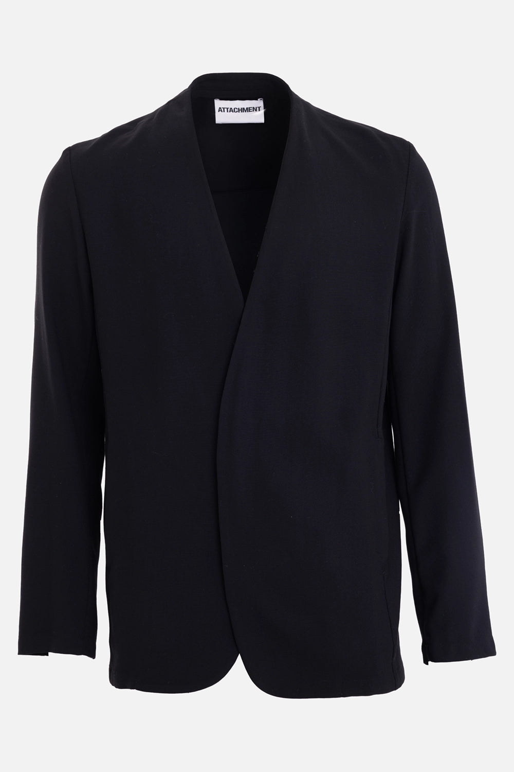 Attachment men's black collarless jacket, front view, deep V neckline and clean open front