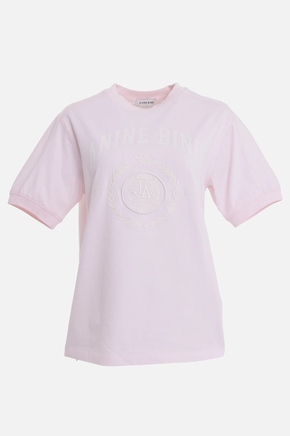 ANINE BING women's tee in Powder Pink, mannequin front view with tonal crest graphic and ribbed crewneck