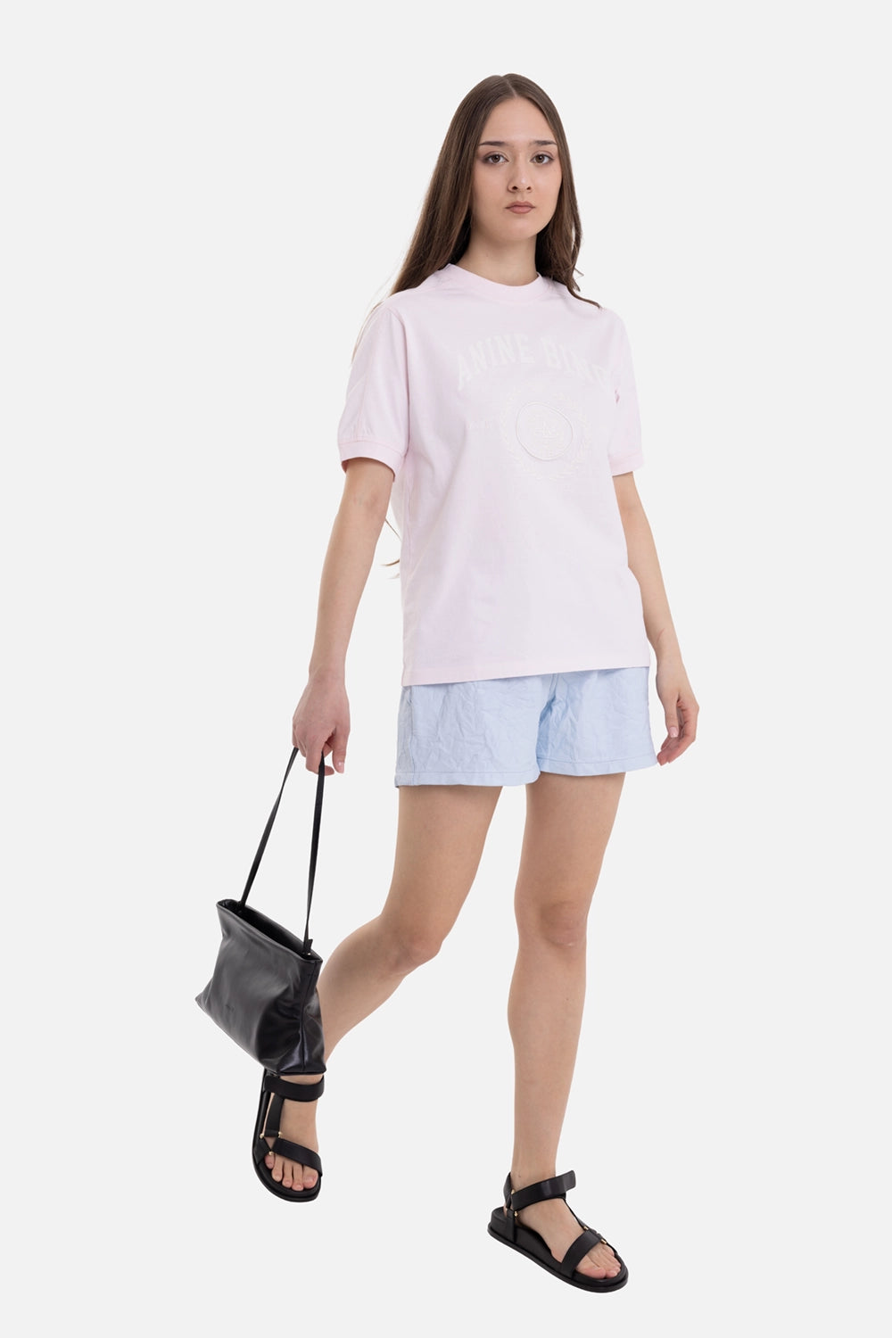 ANINE BING women's tee in Powder Pink, on-model full-length view with boxy fit and tonal chest graphic