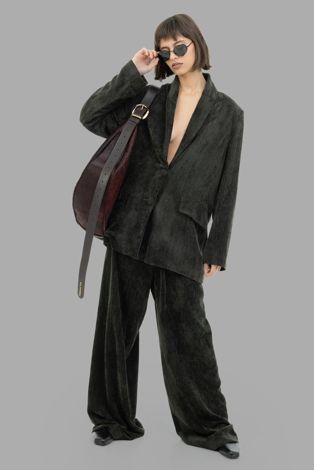 Gentry Portofino women corduroy blazer in Mastice, on-model full length, shawl collar, covered buttons