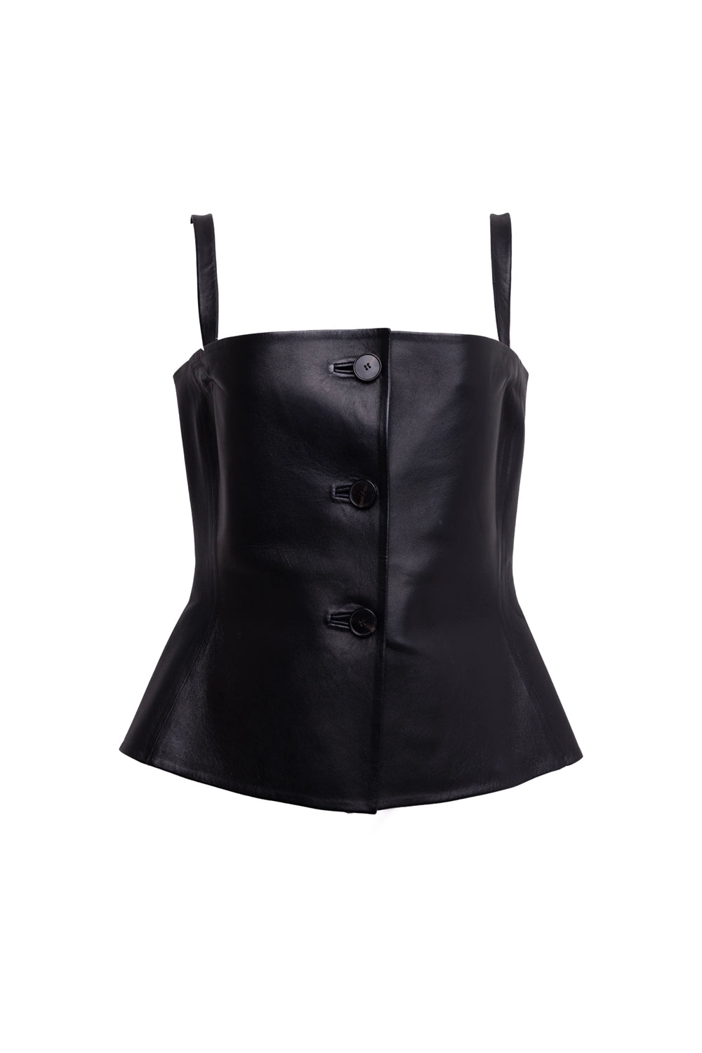 Pre-owned Christian Dior women’s corset top in black, front view, button-front leather bodice with slim straps