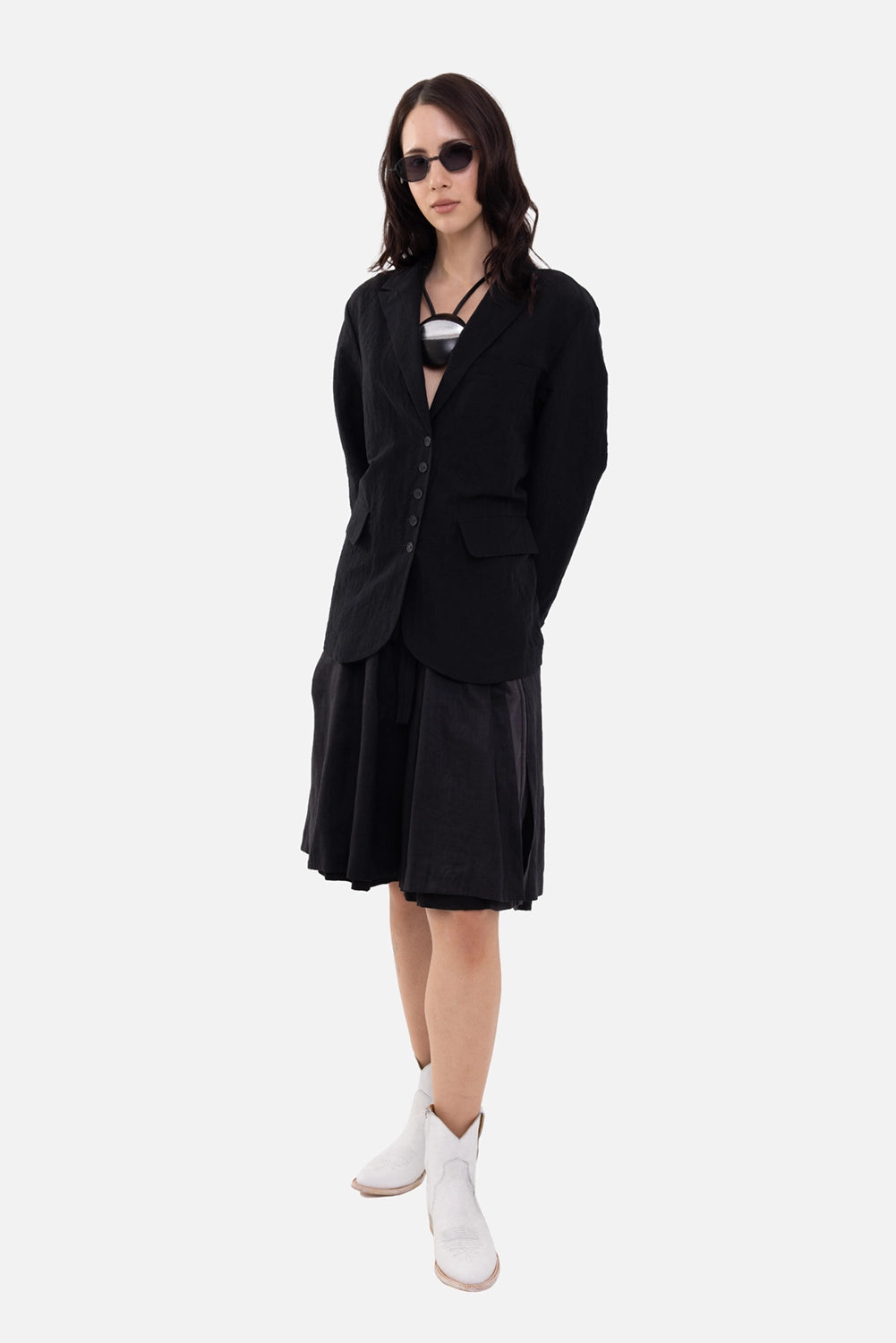 Gentry Portofino men's blazer in black, on-model full-length, five-button front and flap pockets
