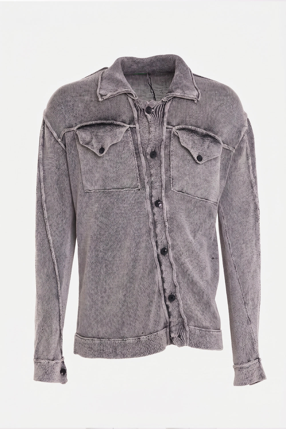 Masnada men's cotton knit jacket-cardigan in Black, front view with flap chest pockets and exposed seams