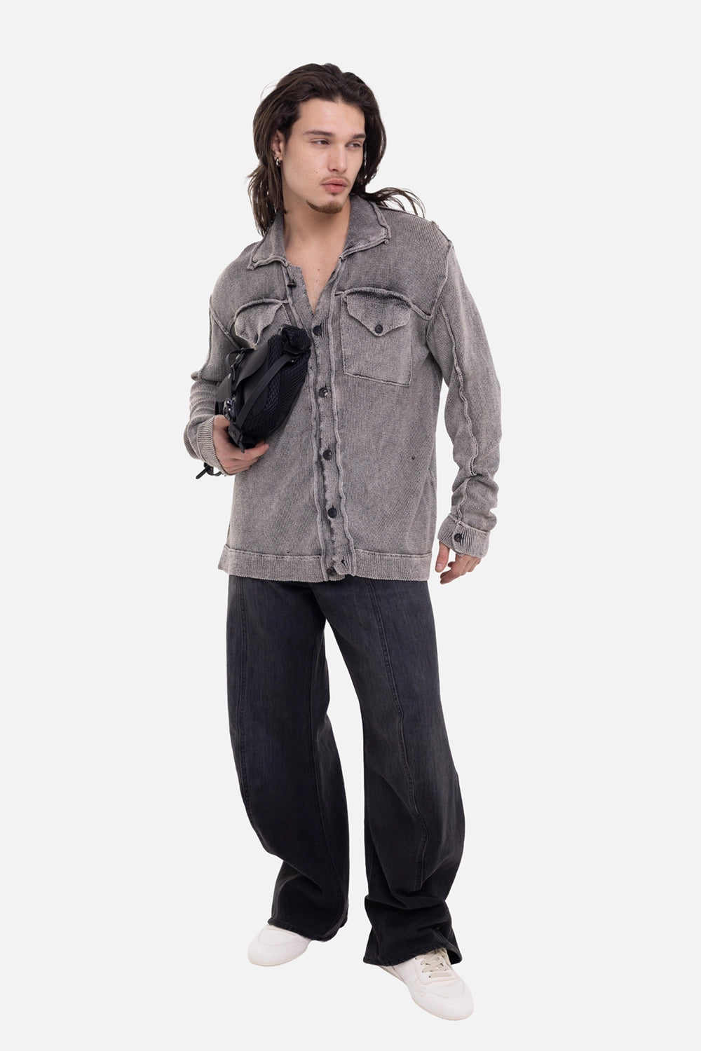 Masnada men's cotton knit jacket-cardigan in Black, on-model full-length with button front and washed texture