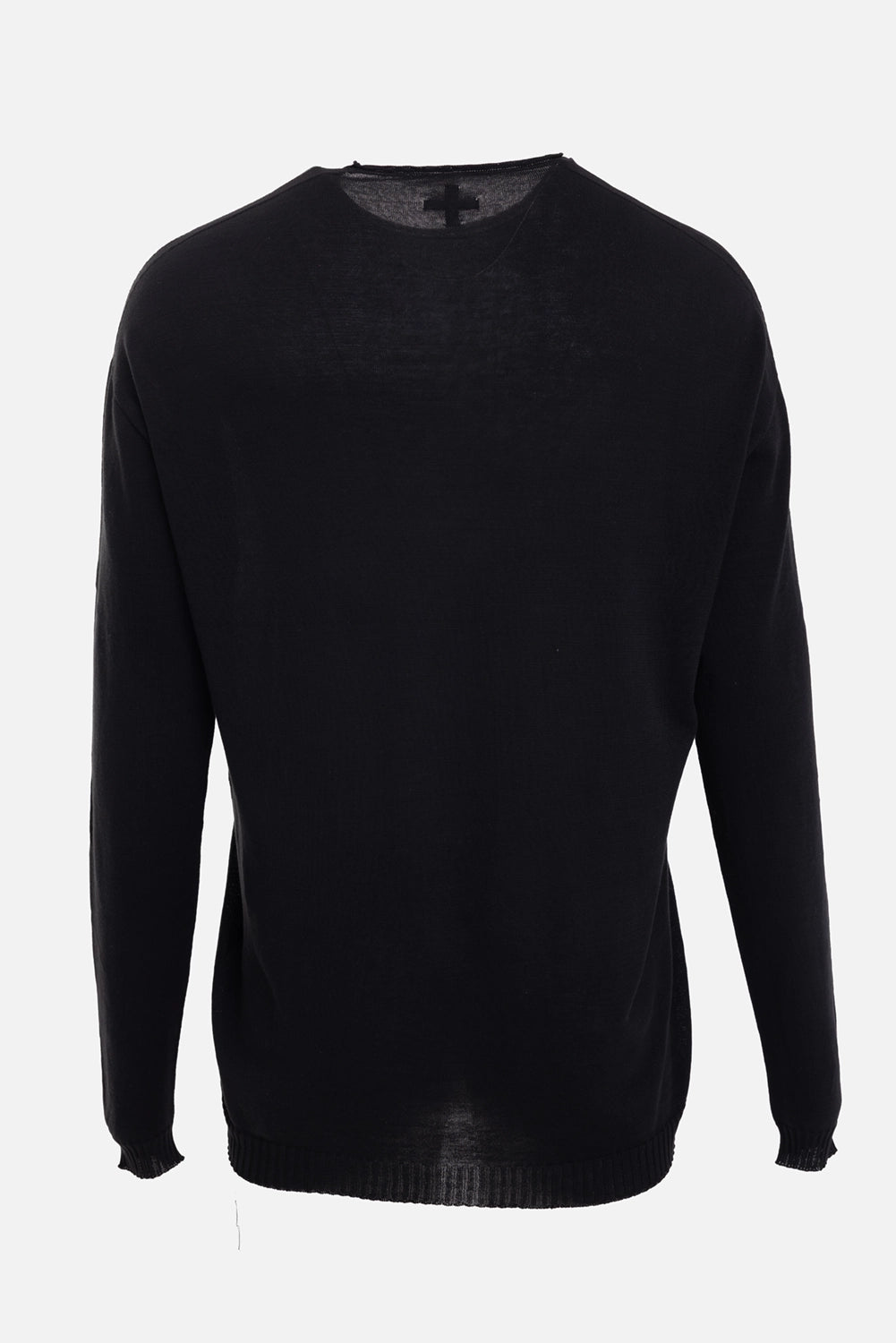MD75 men's sweater in black, back view with sheer open knit texture and ribbed hem