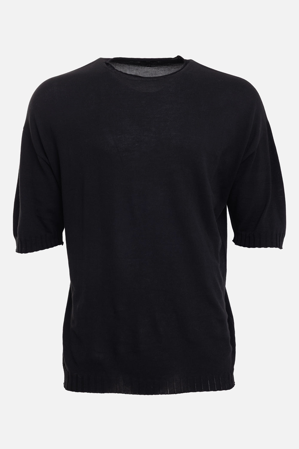 MD75 men's cotton knit T-shirt in black, front view, raw crew neck and ribbed short sleeves