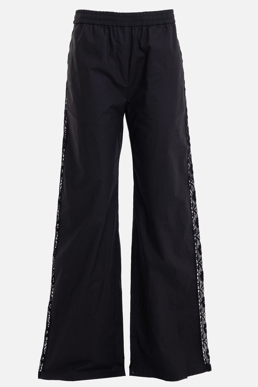 MSGM women's cotton pants in Black, front view, gathered elastic waist and straight wide legs