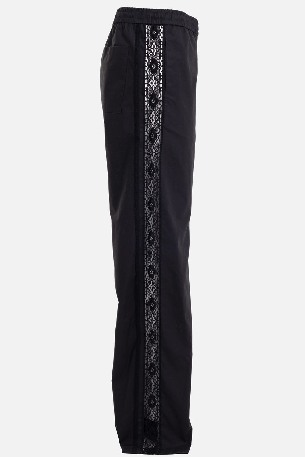 MSGM women's cotton pants in Black, side view, floral lace side panel and rear patch pocket