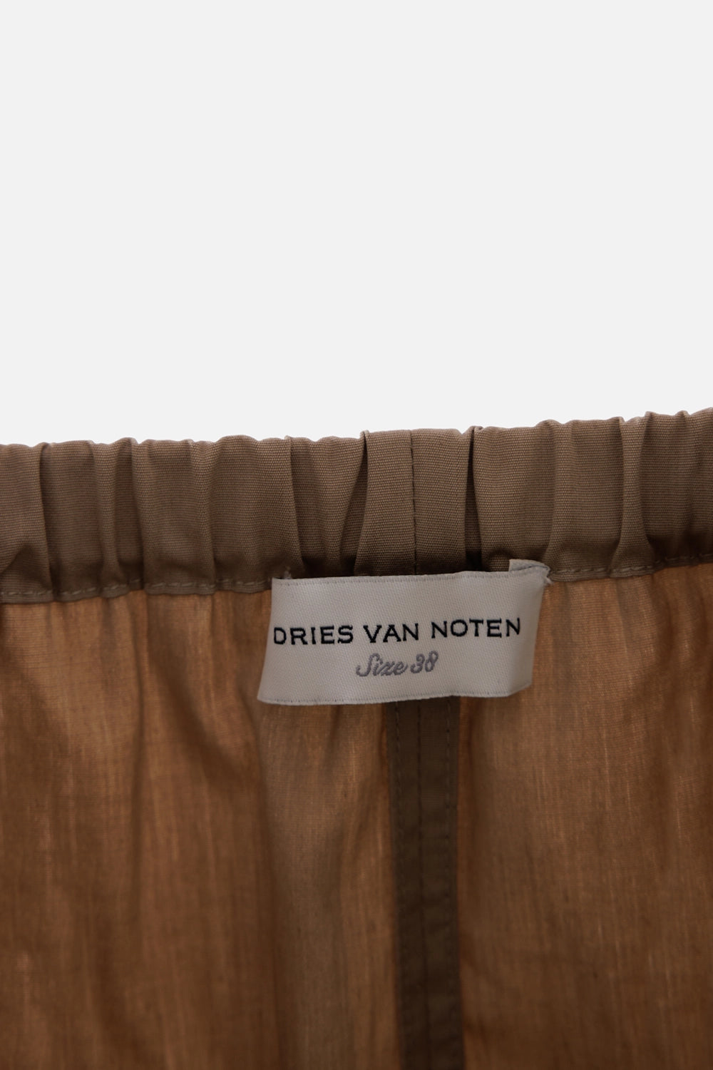 Dries Van Noten women's cotton romper in taupe, label view with elasticated interior neckline