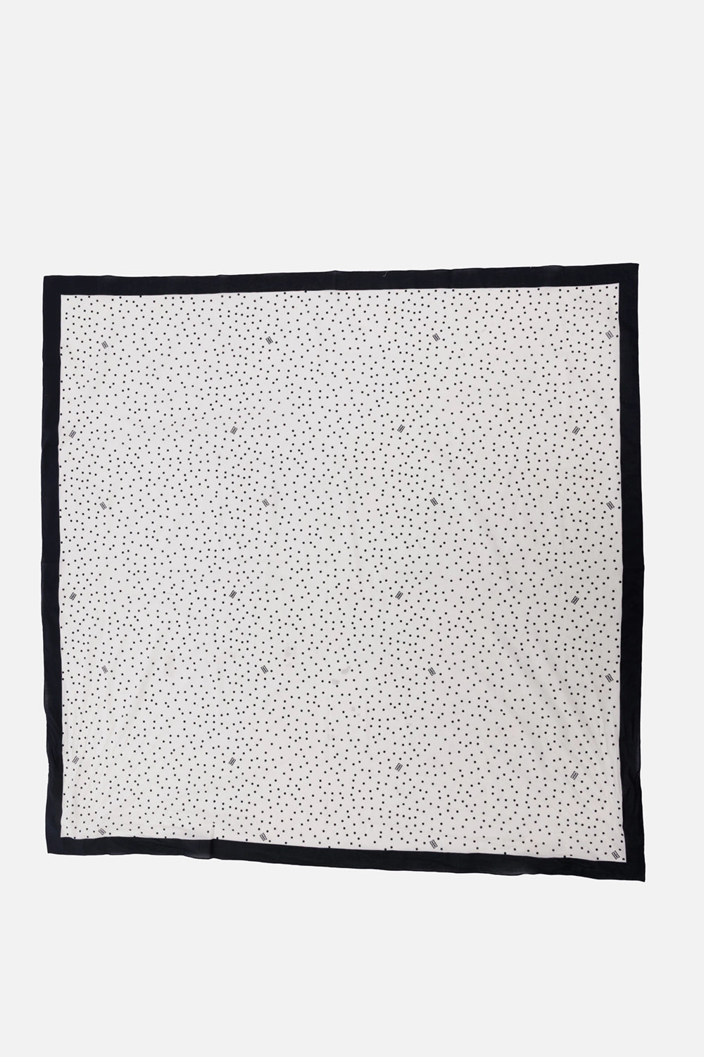 By Malene Birger cotton scarf in black and white, flat front view, polka dots, black border and logo motifs