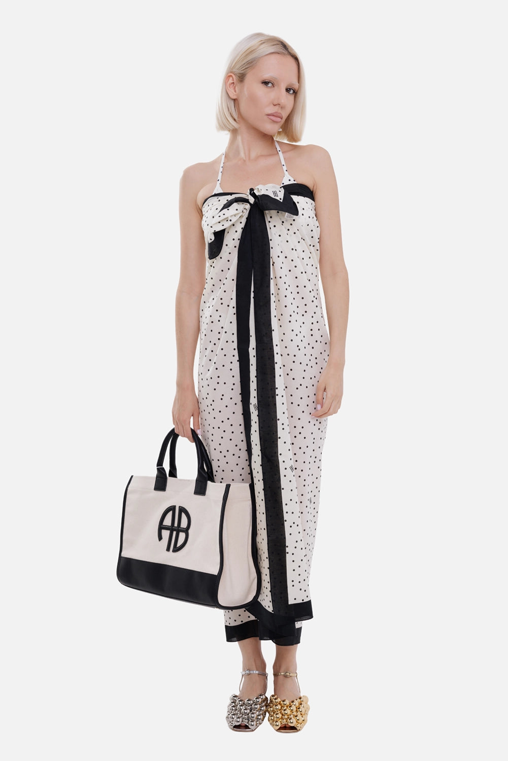 By Malene Birger women cotton scarf in black and white, on-model full length, tied as dress with black bow