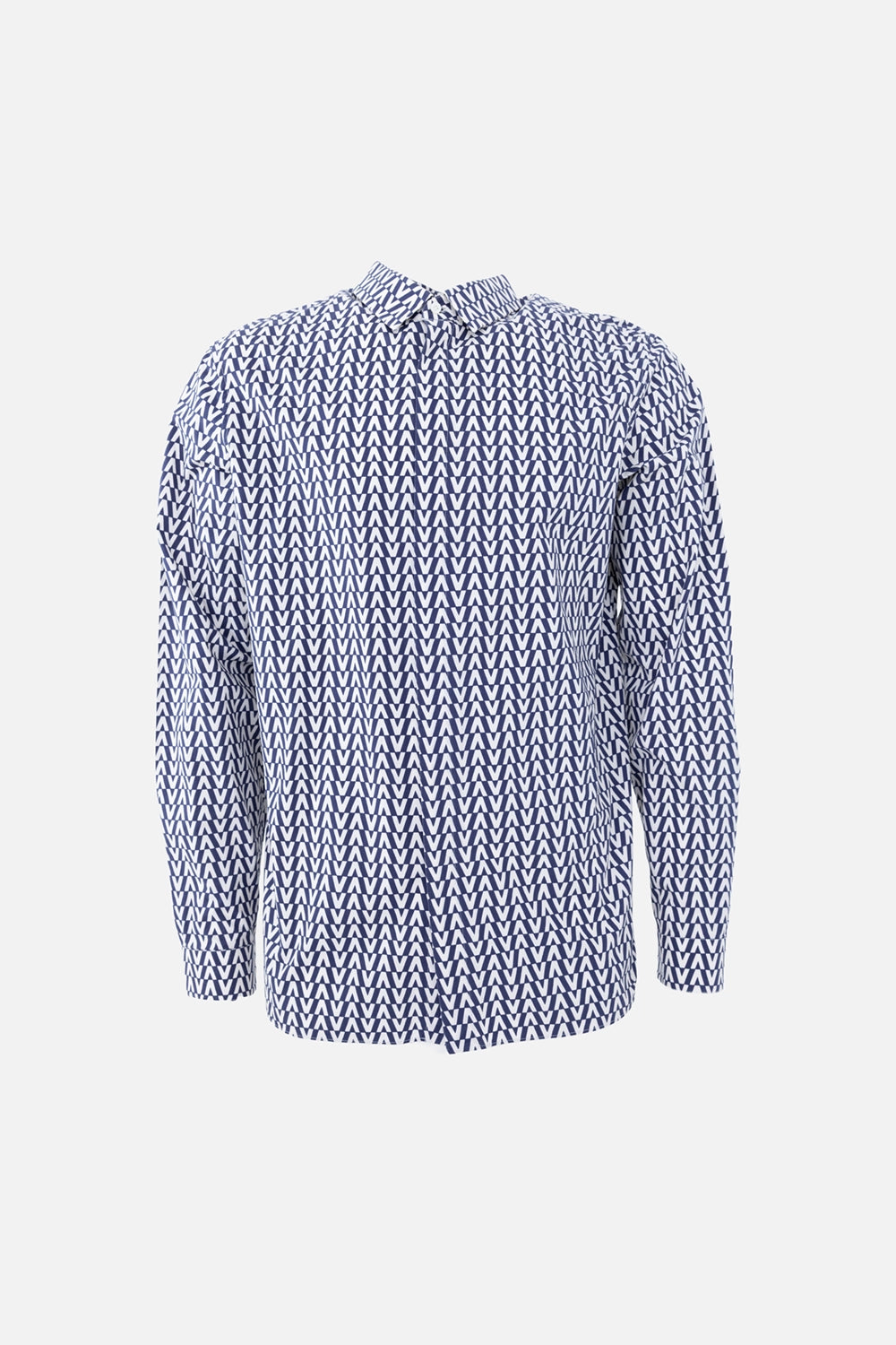 Pre-owned Valentino cotton shirt in navy and white, front view, point collar and all-over V motif pattern