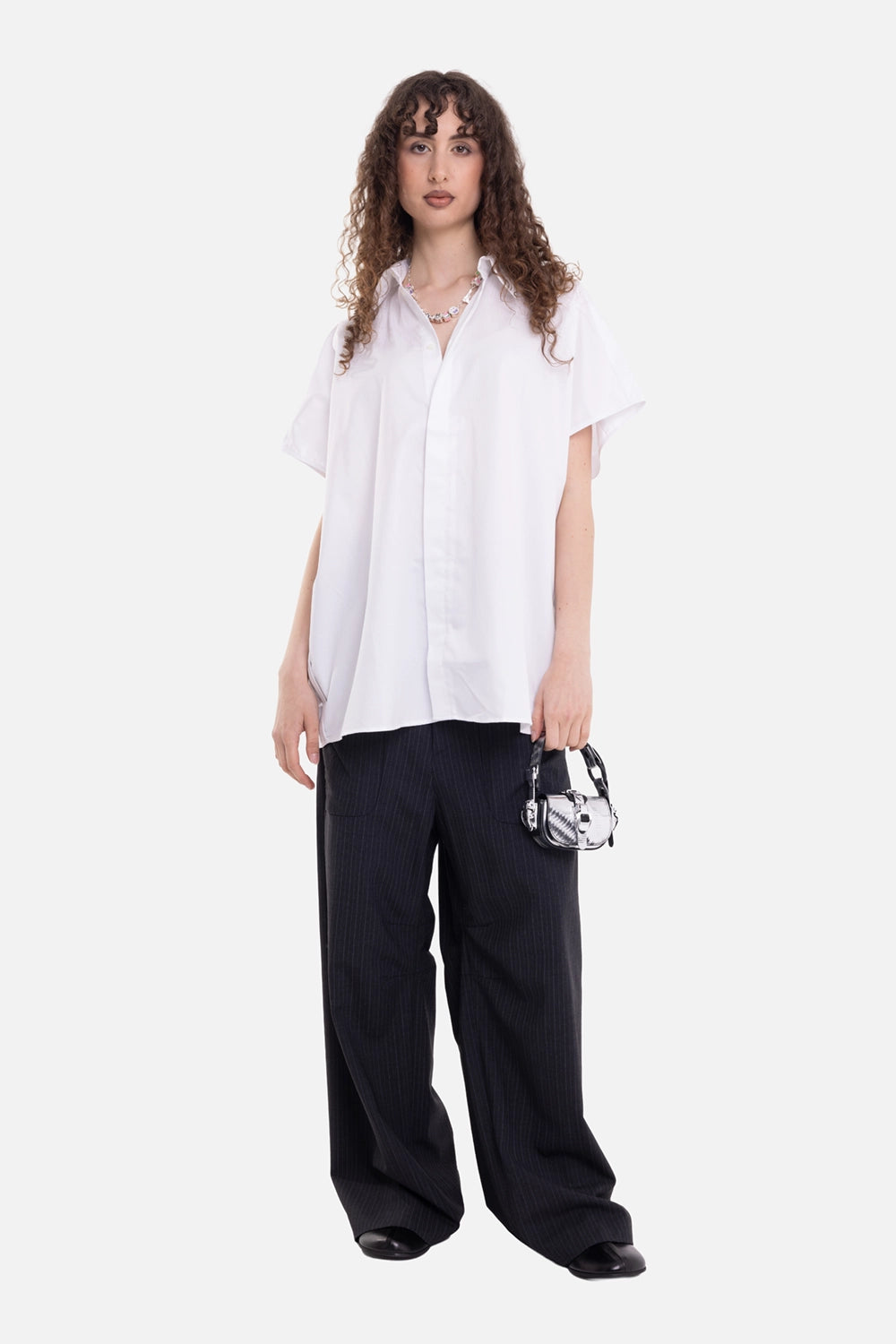 Torisheju women's cotton shirt in white, on-model full length with relaxed boxy fit