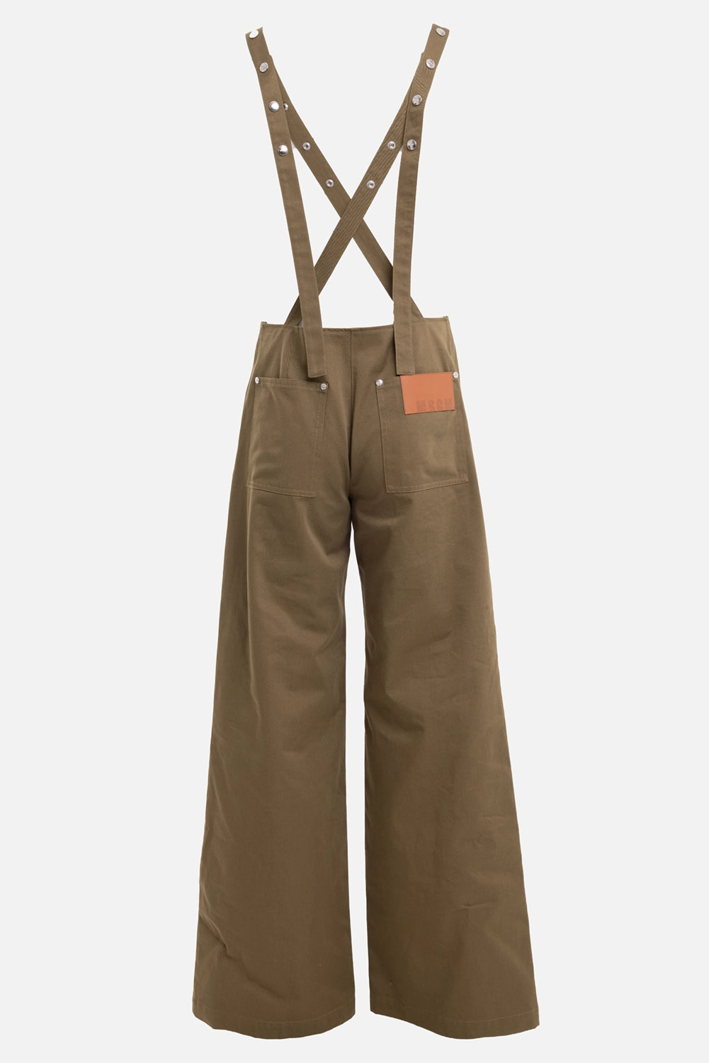 MSGM women's cotton jumpsuit in khaki, back view with crossed straps, snap studs and back patch pockets