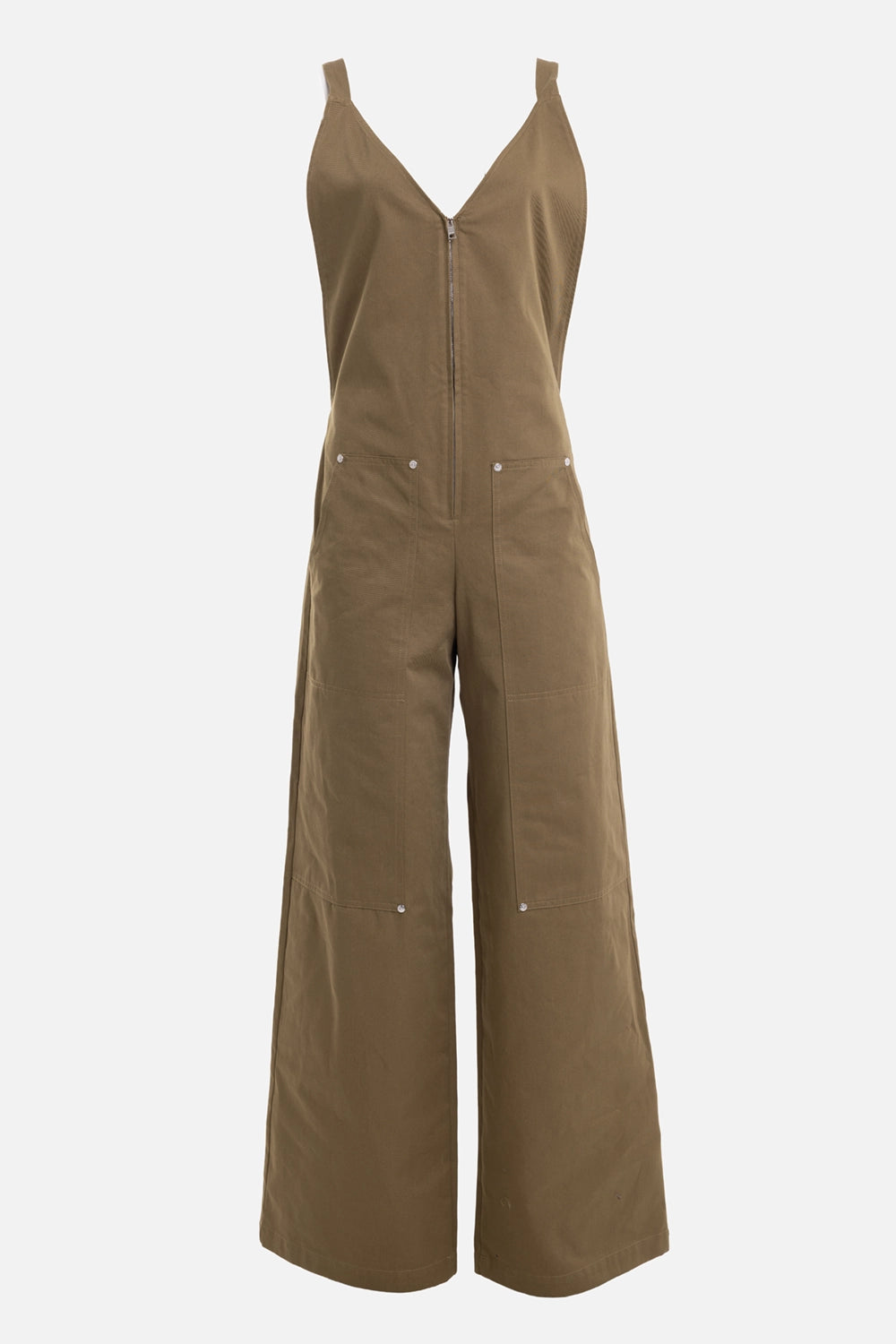 MSGM women's cotton jumpsuit in khaki, front view with V neck, front zip and riveted patch pockets