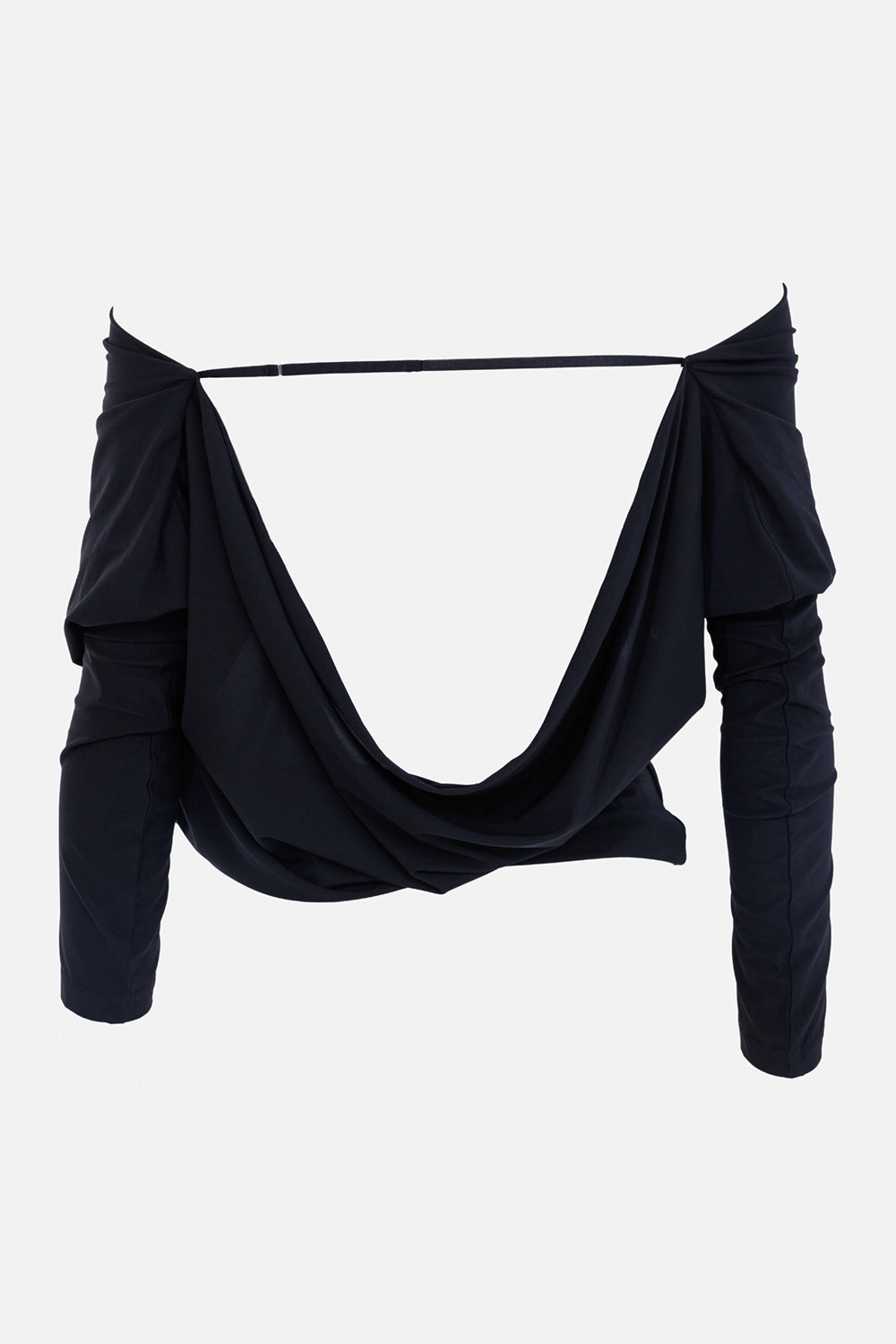 Helmut Lang women's cowl long sleeve top in black, back view with open back and slim cross strap