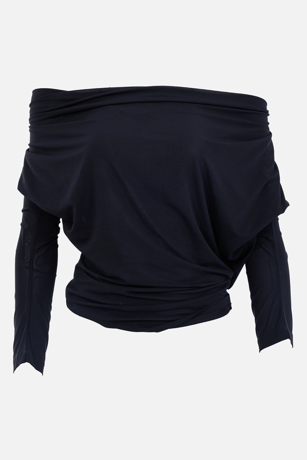 Helmut Lang women's cowl long sleeve top in black, front view with wide draped cowl neckline