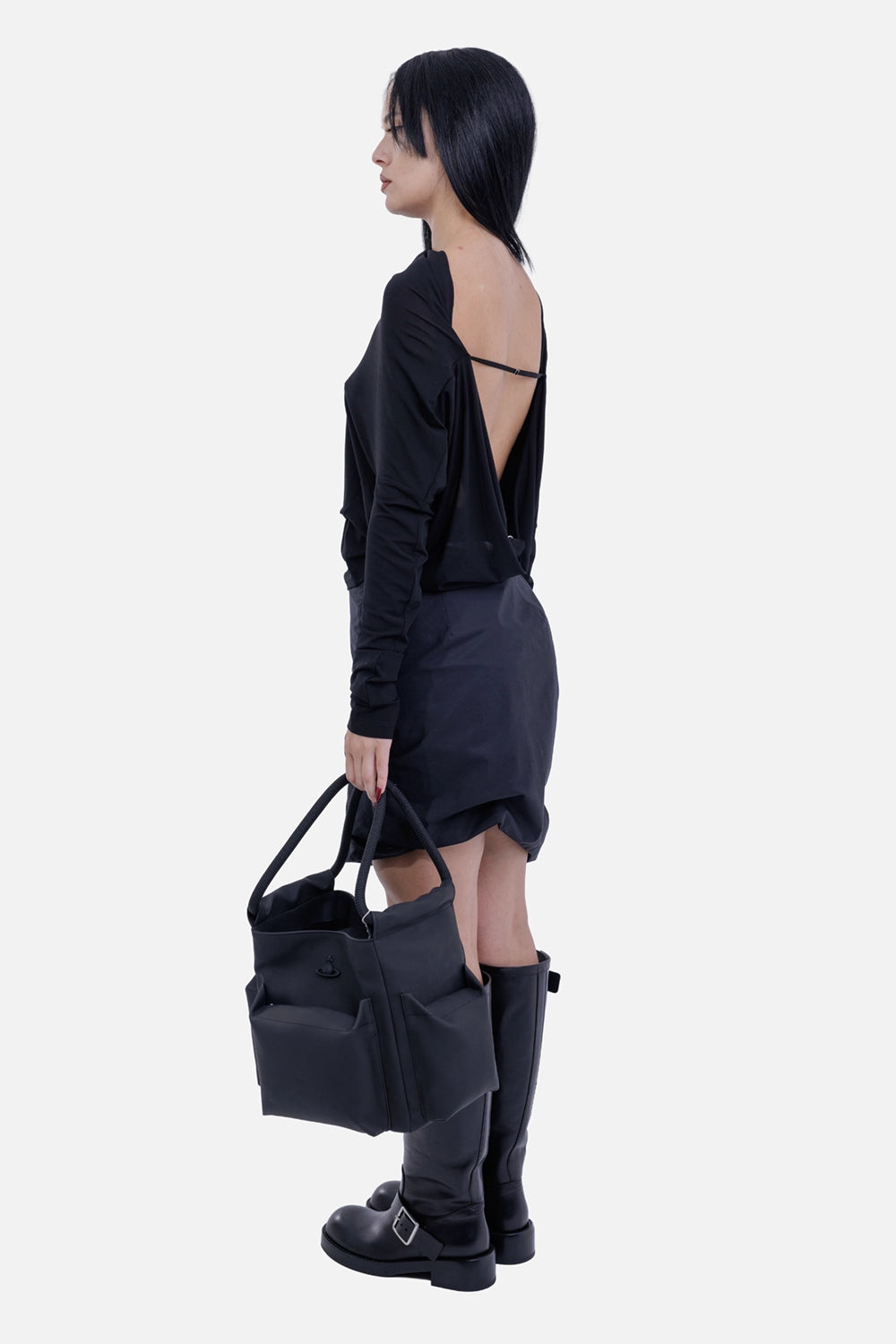Helmut Lang women's cowl long sleeve top in black, on-model side view with draped open back