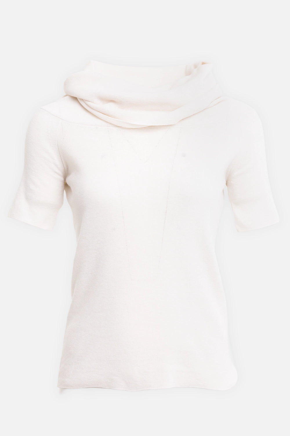 Gentry Portofino women's knit top in ecru, front view, draped cowl neck and short sleeves