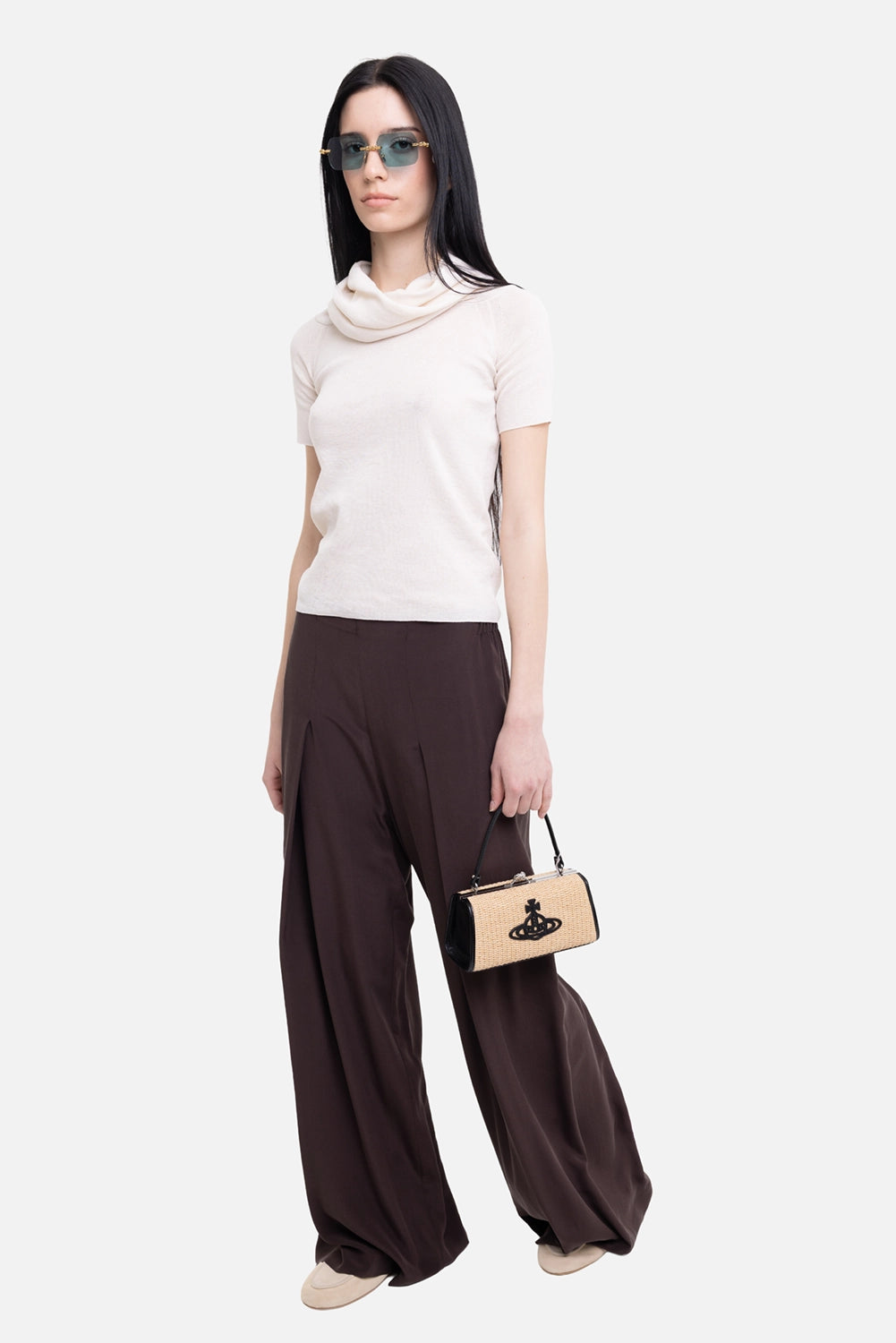 Gentry Portofino women's knit top in ecru, on-model full length, fitted shape and draped neckline