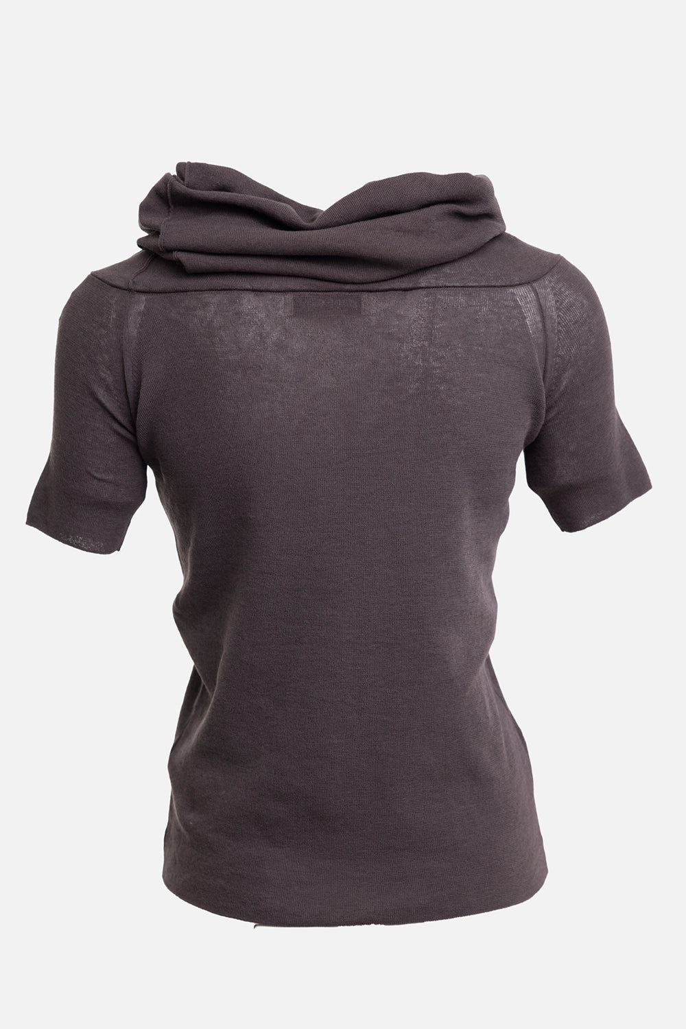 Gentry Portofino women's cowl-neck sweater in moro, back view, draped neck and sheer fine-knit texture