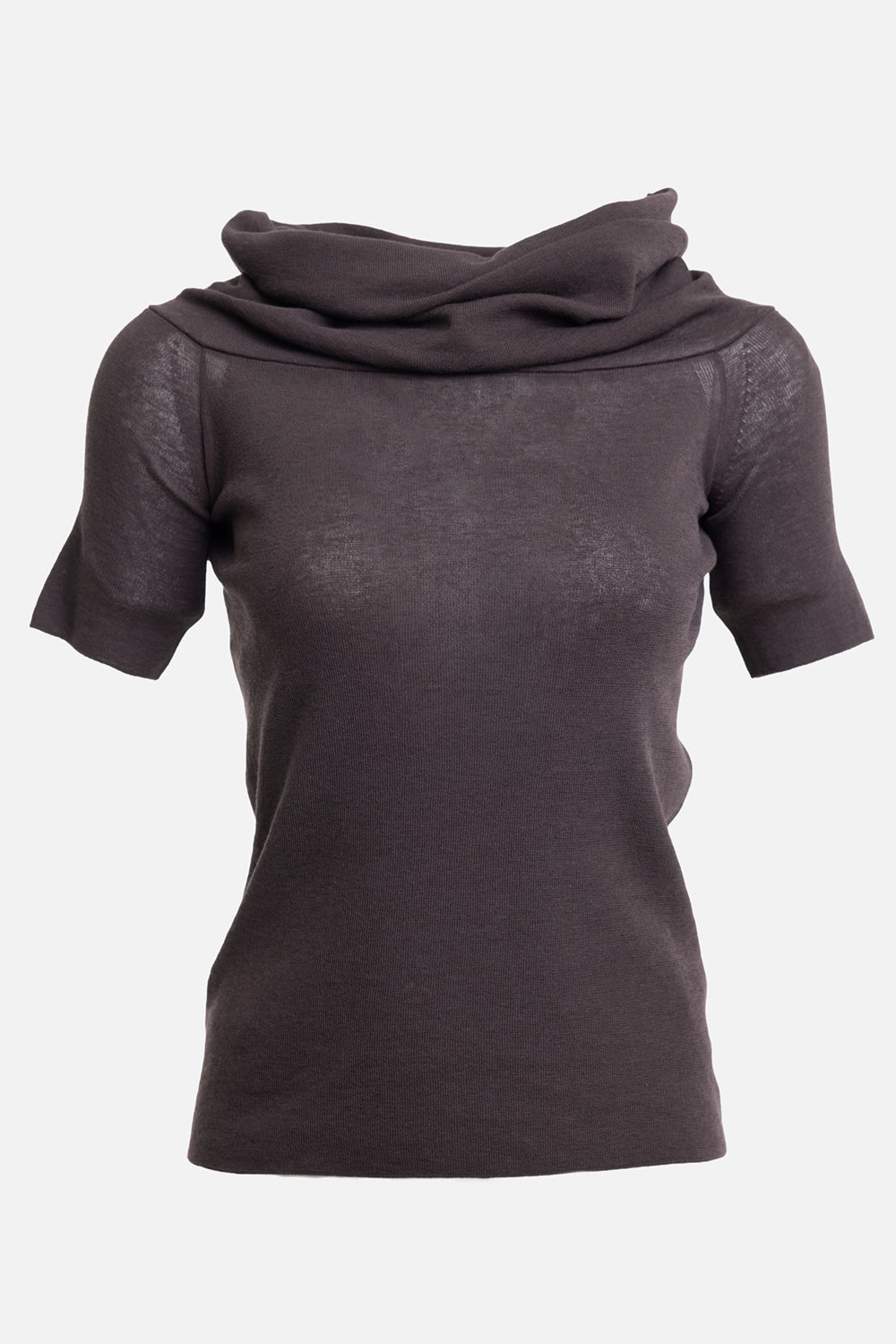 Gentry Portofino women's cowl-neck sweater in moro, front view, short sleeves and sheer knit