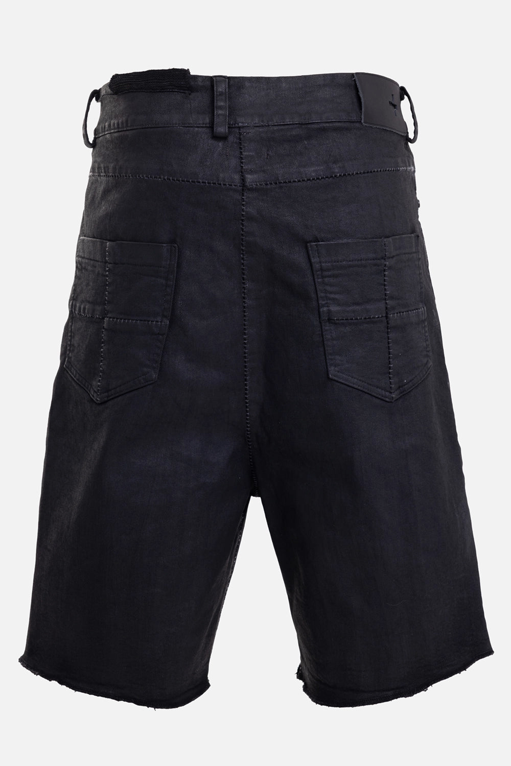 MD75 men's Cracked Coated Denim Shorts in Black Leather, back view with patch pockets and waistband loops