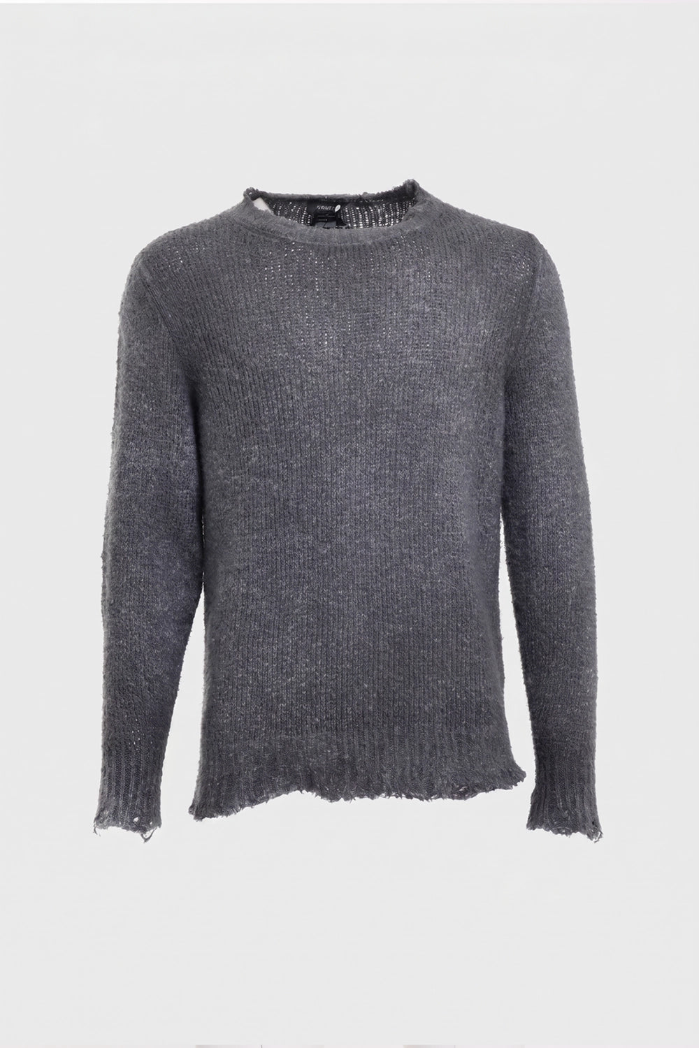 Avant Toi men's cotton-blend sweater in grey, front view, frayed crew neck and ribbed hem