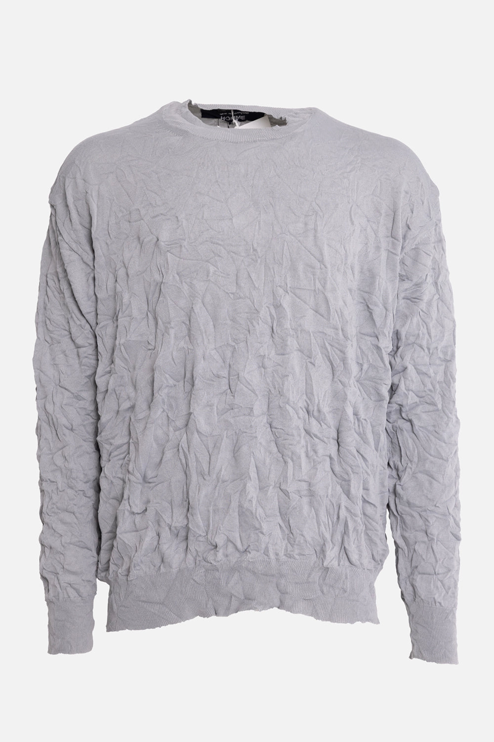 Comme des Garçons Homme men's crewneck sweater in grey, front view, ribbed neckline and hem