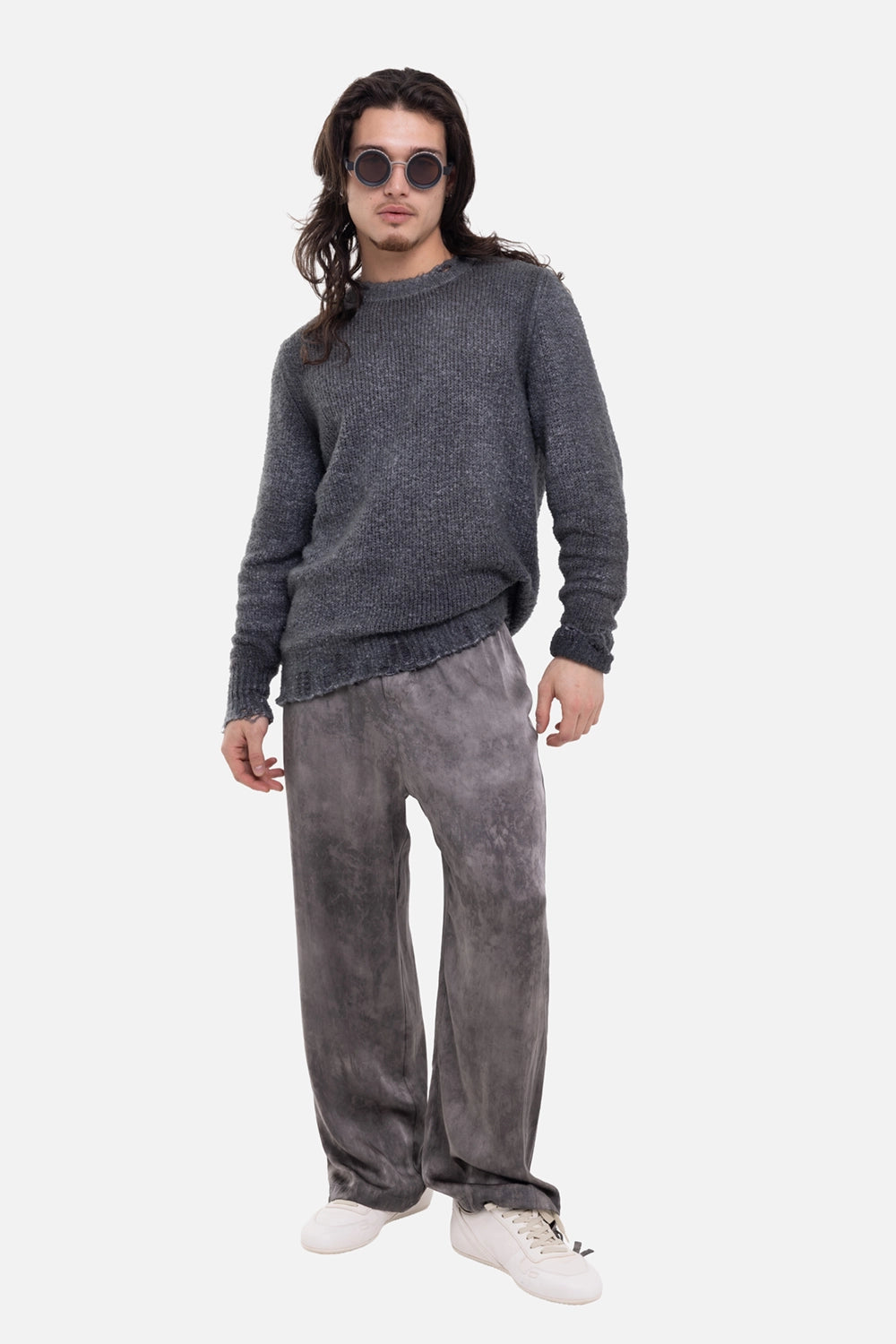 Avant Toi men's cotton-blend sweater in grey, on-model full-length view, frayed rib hem