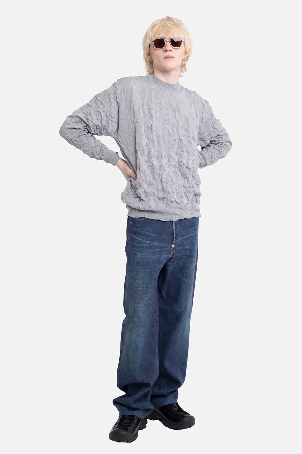 Comme des Garçons Homme men's crewneck sweater in grey, on-model full length, crinkled texture