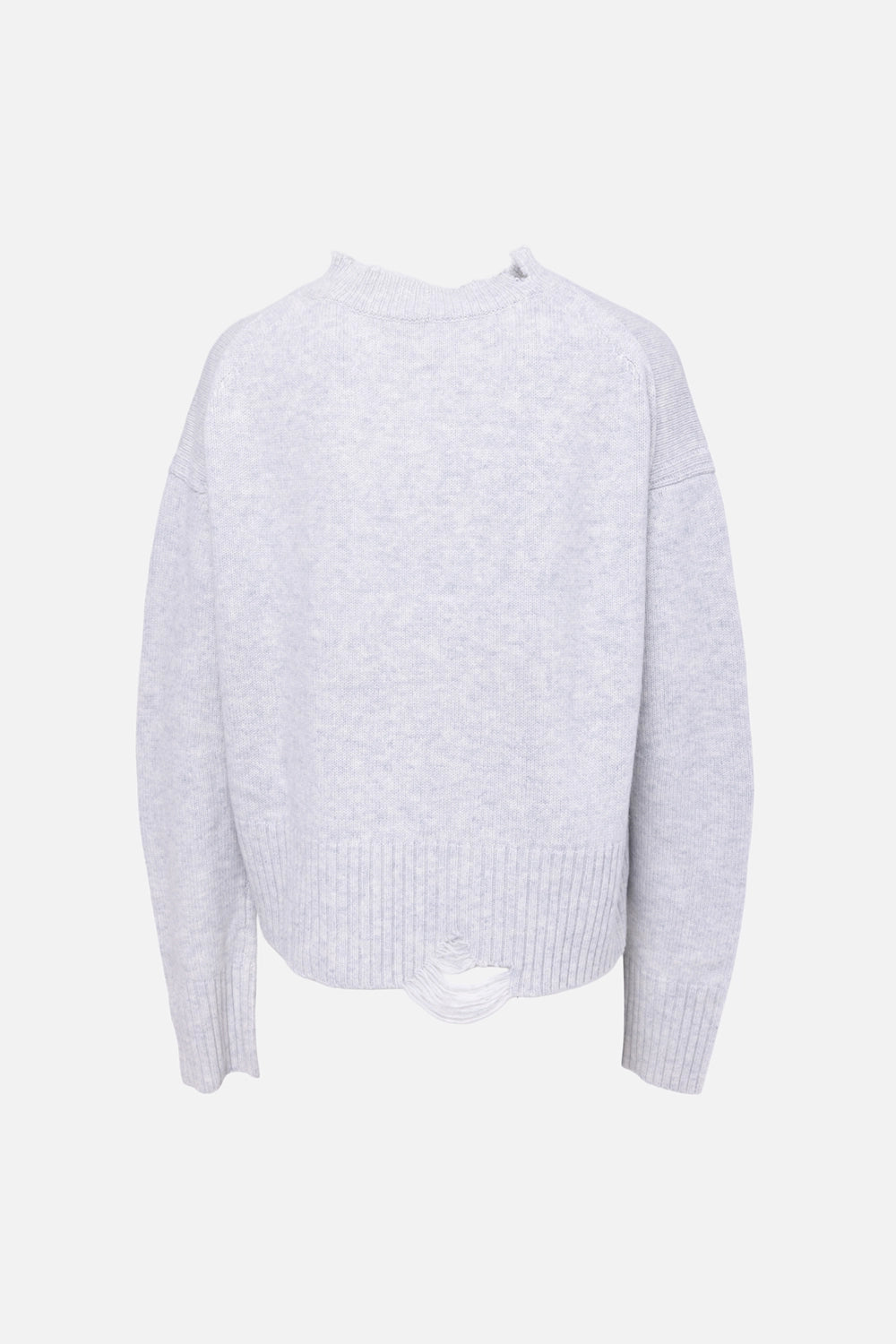 Pre-owned Helmut Lang women's crewneck sweater in light grey, back view, distressed cut-out at hem
