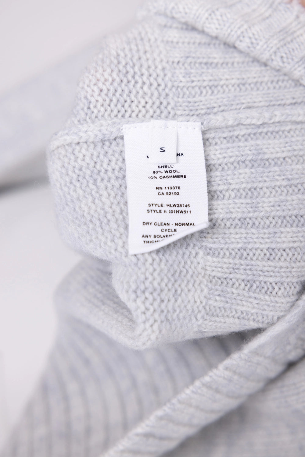 Pre-owned Helmut Lang crewneck sweater in light grey, care label close-up, shell 90% wool and 10% cashmere