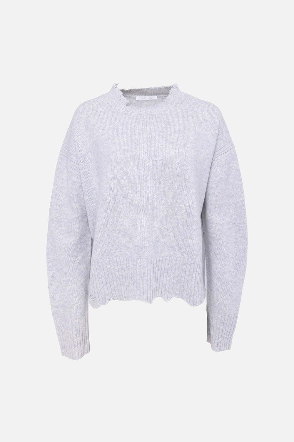 Pre-owned Helmut Lang women's crewneck sweater in light grey, front view, frayed neckline and hem
