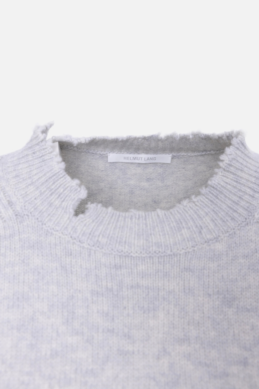 Pre-owned Helmut Lang crewneck sweater in light grey, neckline close-up, HELMUT LANG label and distressed rib collar
