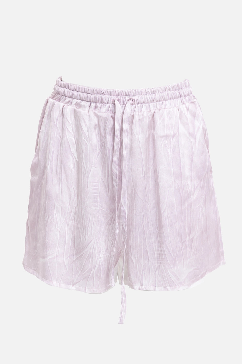 Tom Ford women's silk satin shorts in Wisteria, front view, elastic waistband and long drawstring