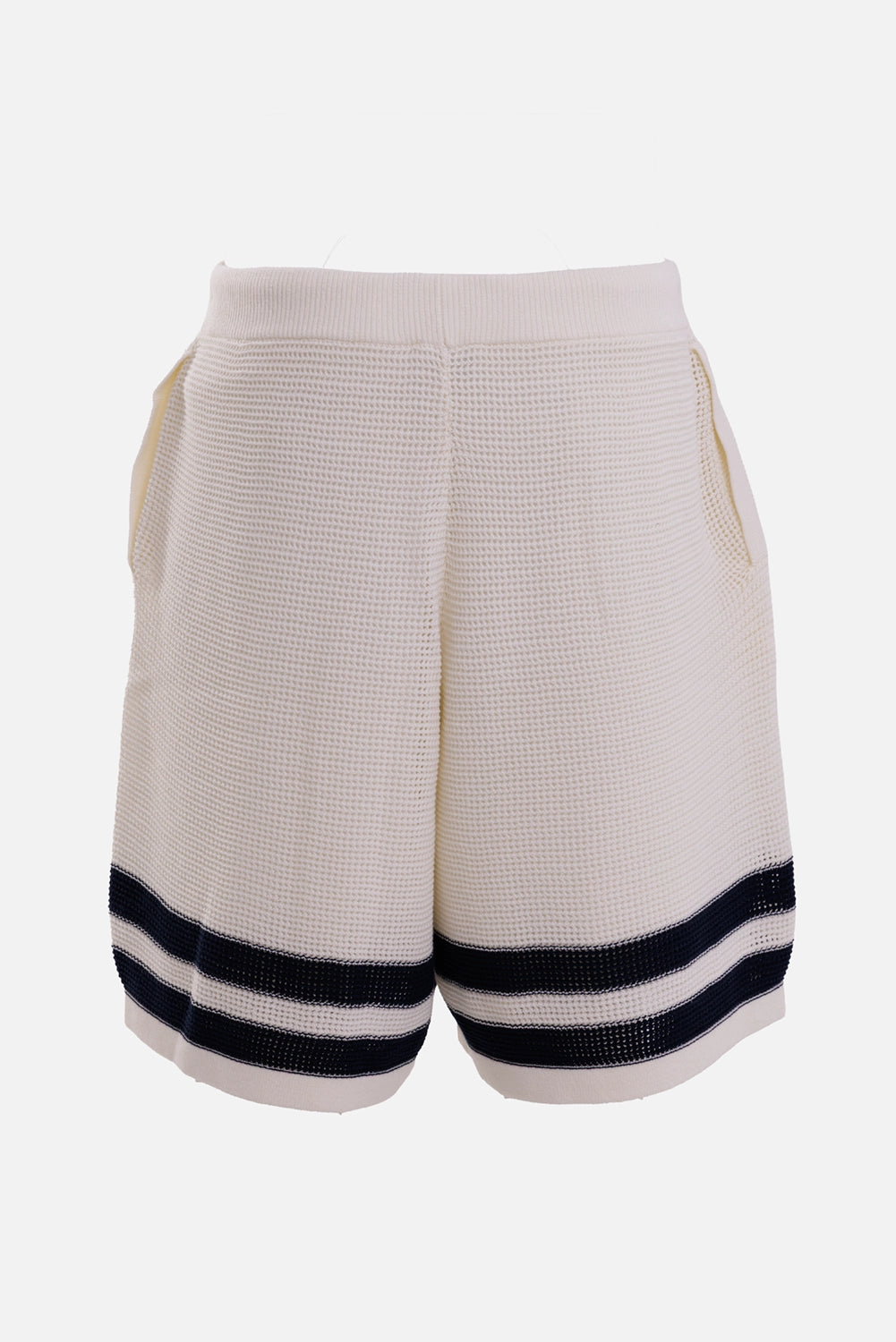 KENZO men's crochet shorts in Off White, back view with elastic waist, side pockets and navy striped hems