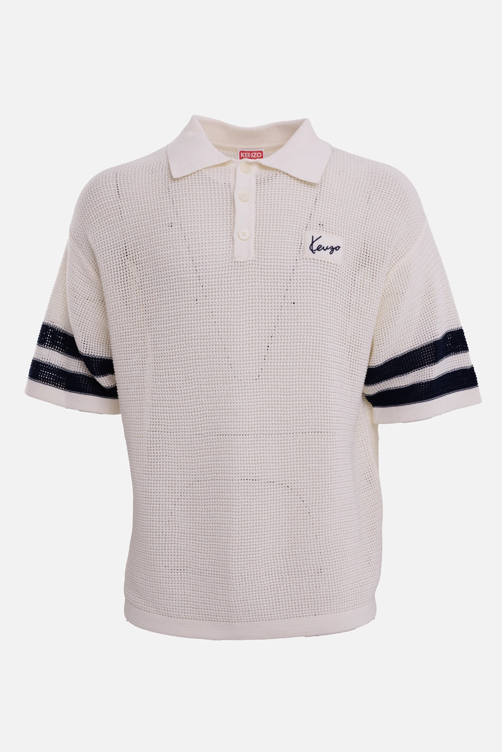 KENZO men's crochet polo in Off White, front view with button placket, navy sleeve stripes and logo patch